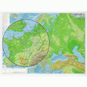 ЕВРОПА – ФИЗИКОГЕОГРАФСКА КАРТА 180Х130 СМ